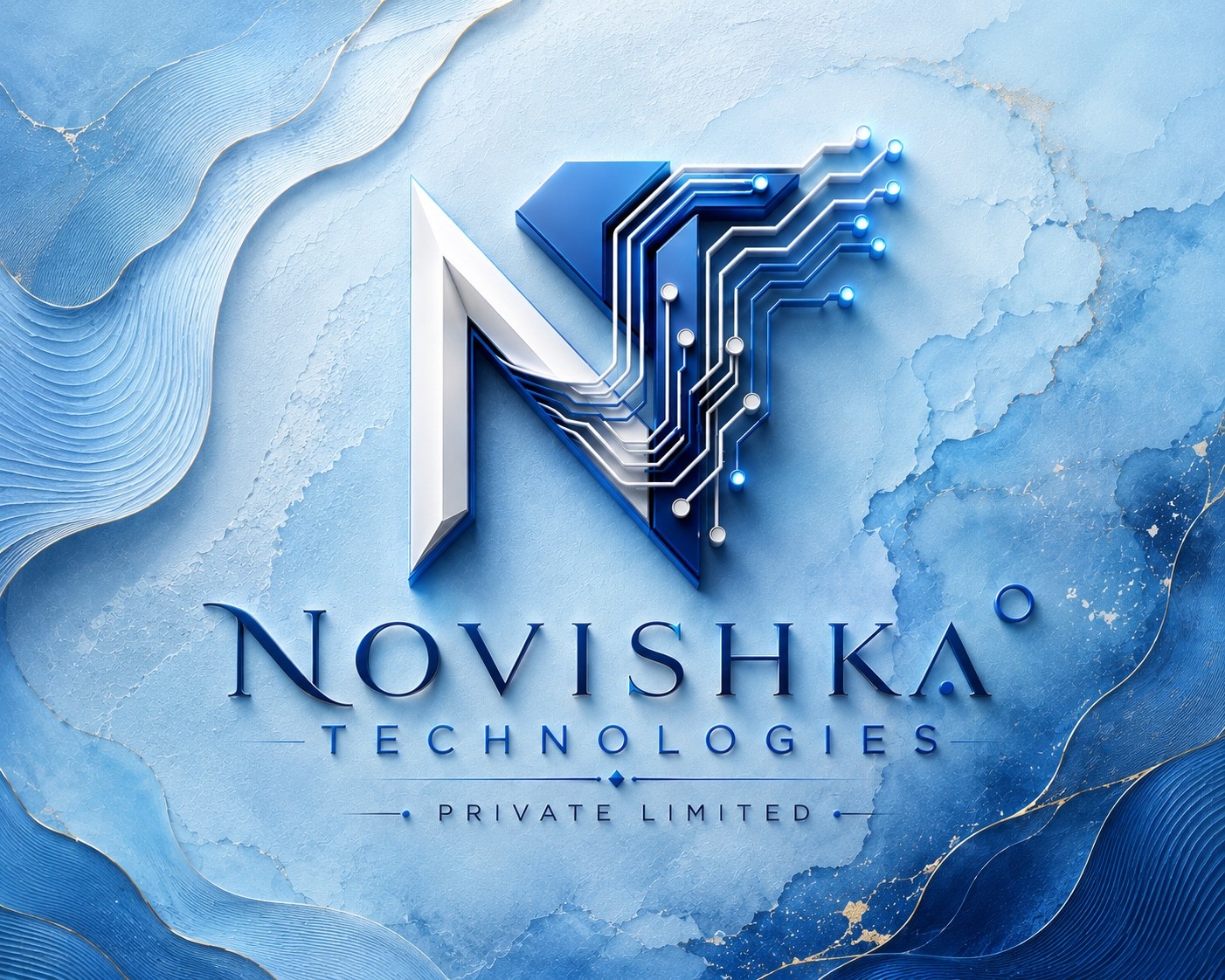 The Novishka Technologies mark: an N built from circuit traces, on marble